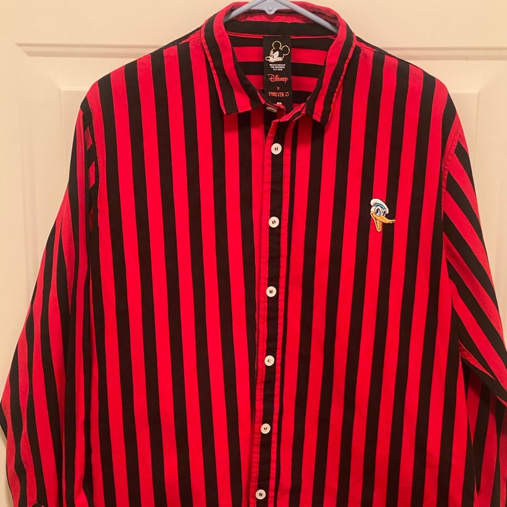 Mens Forever 21 Disney Donald Duck Black And Red Stripes Shirt Long Sleeve Large